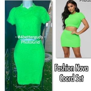SET Fashion Nova Bright Fuzzy Coordinated Short Sleeve Top & Pencil Skirt LG